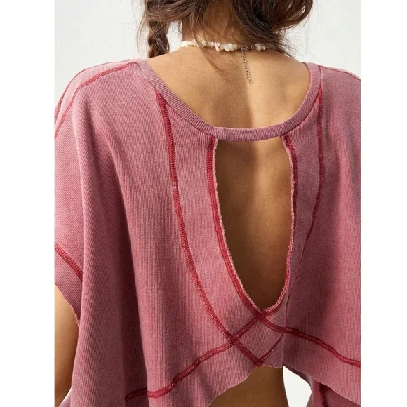 Redwood Cotton Oversized Cropped Muscle Tee Shirt Raw Hem and Inside Out Stitch - Picture 8 of 12
